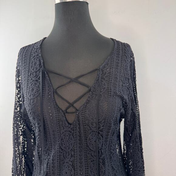 Pily Q Black Cover-Up Dress Floral Deep V-Neck Lace Up Casual Pullover Size M/L - Picture 2 of 7